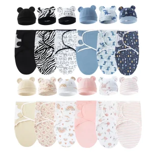 Set of 3 Newborn Swaddle Blankets & Hats